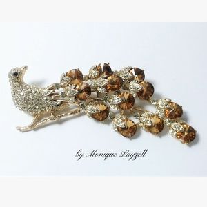 Gold Topaz Crystal Peacock Brooch